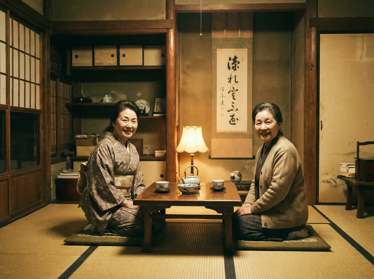 两位优雅的 四爱 在日式茶室中品茶交谈